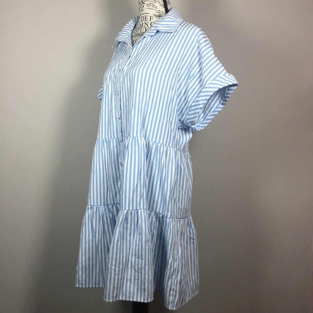 Light blue & white striped button down summer dress shirt sleeve tiered skirt L - Picture 4 of 8